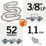 Chaîne de tronçonneuse 52 entraineurs 3/8LP, 1,1mm, Kerwood semi carrée