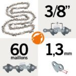 Chaîne de tronçonneuse 60 entraineurs 3/8", 1,3mm, Kerwood semi carrée