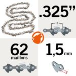 Chaîne de tronçonneuse 62 entraineurs .325", 1,5mm, Kerwood semi carrée