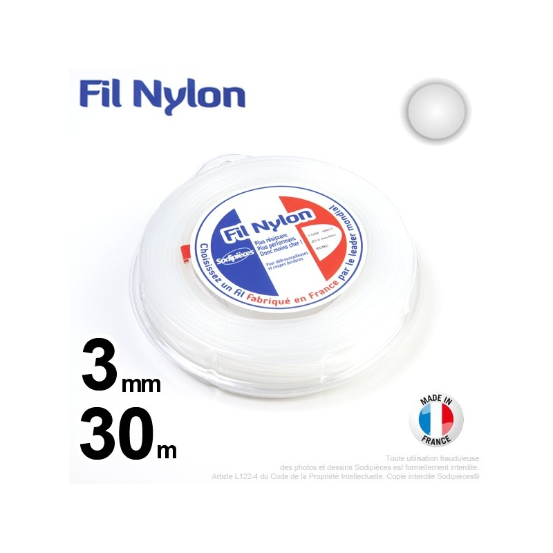 Fil nylon rond 3mm x 30m pour débroussailleuse